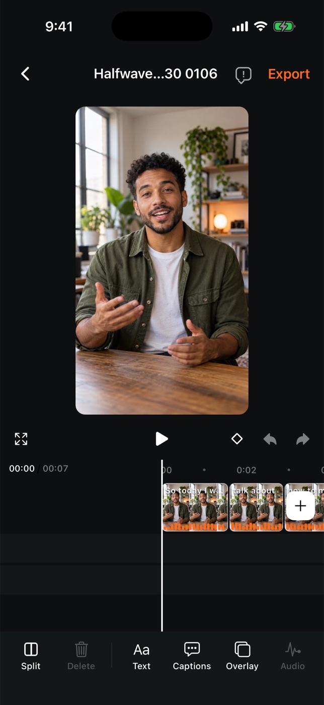 halfwave timeline editor with split, text, captions, overlay and audio controls